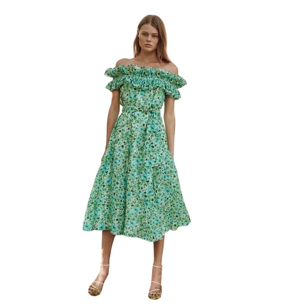 La Maison Talulah Starflower Floral Off Shoulder Midi Dress Green Ruffle M